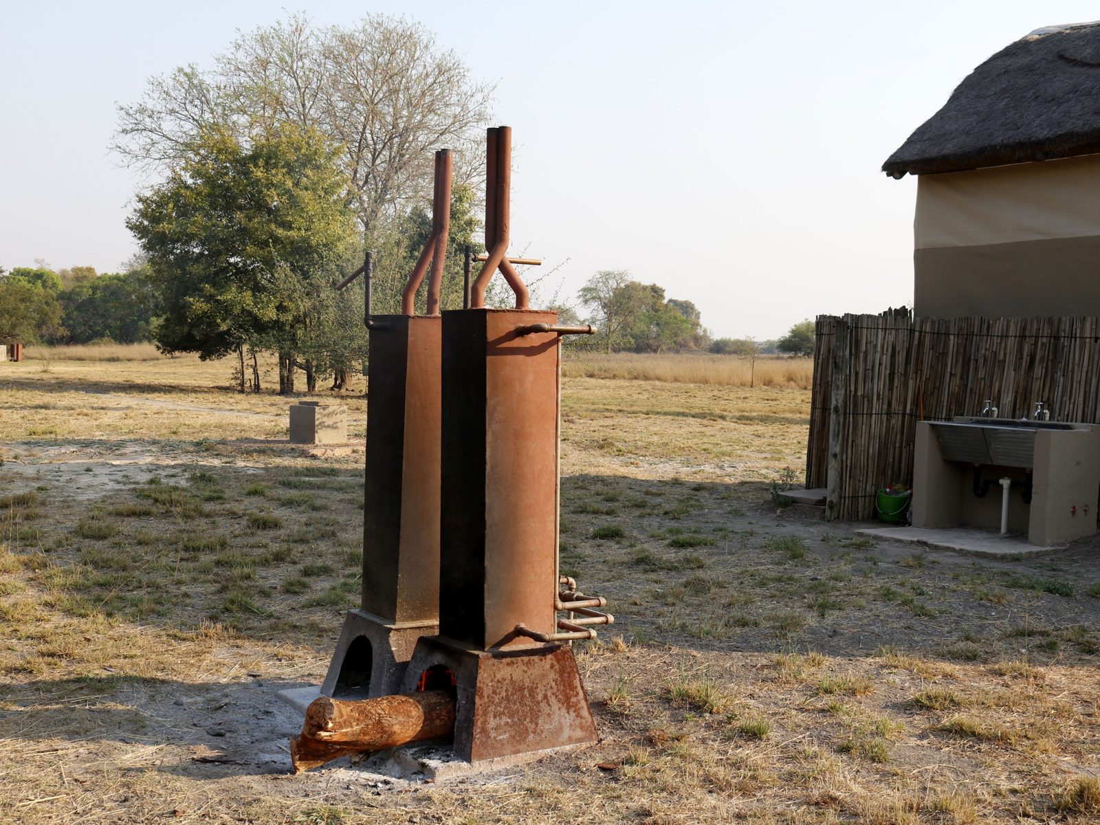 Wood-fired donkey boiler for hot showers at the campsite