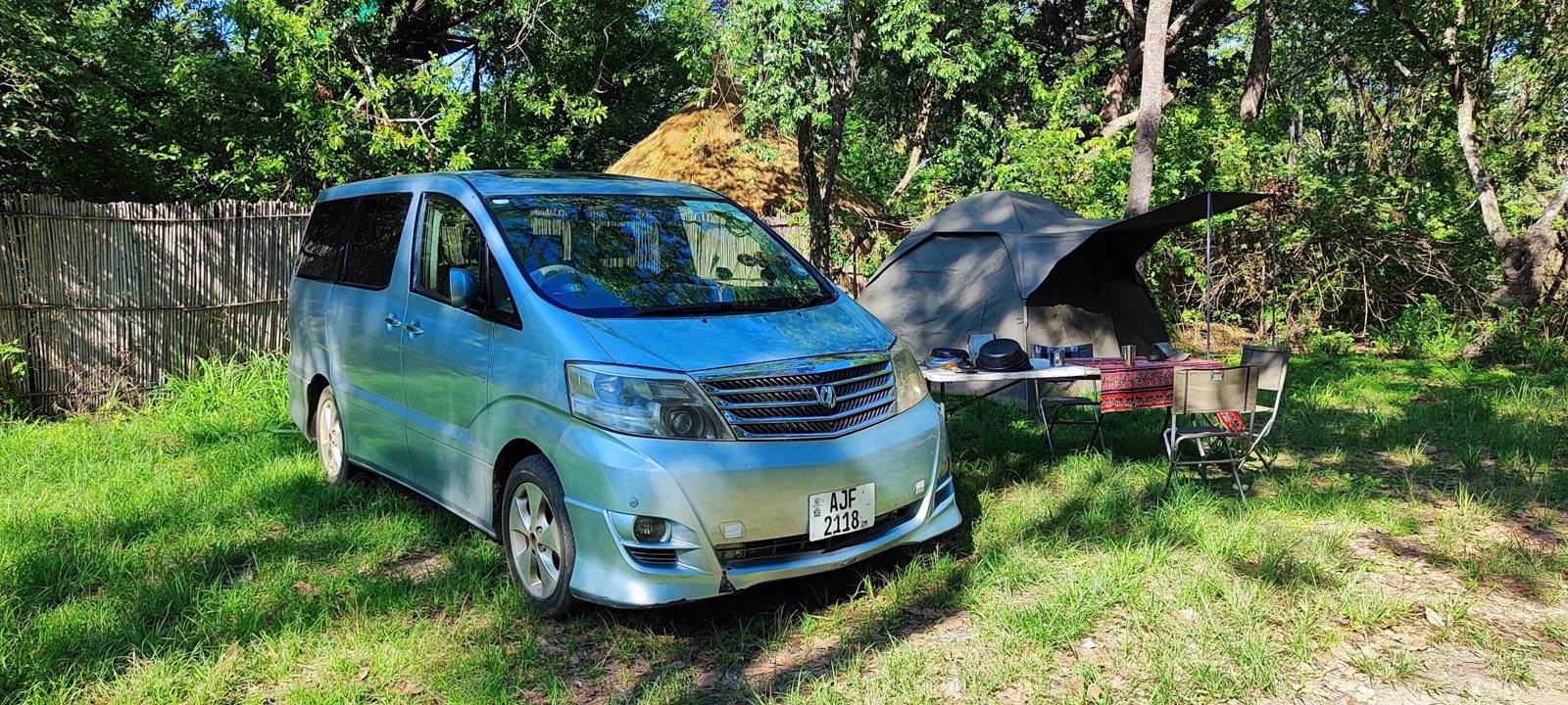 Zamsato Toyota Alphard minivan parked at a campsite next to a canvas tent